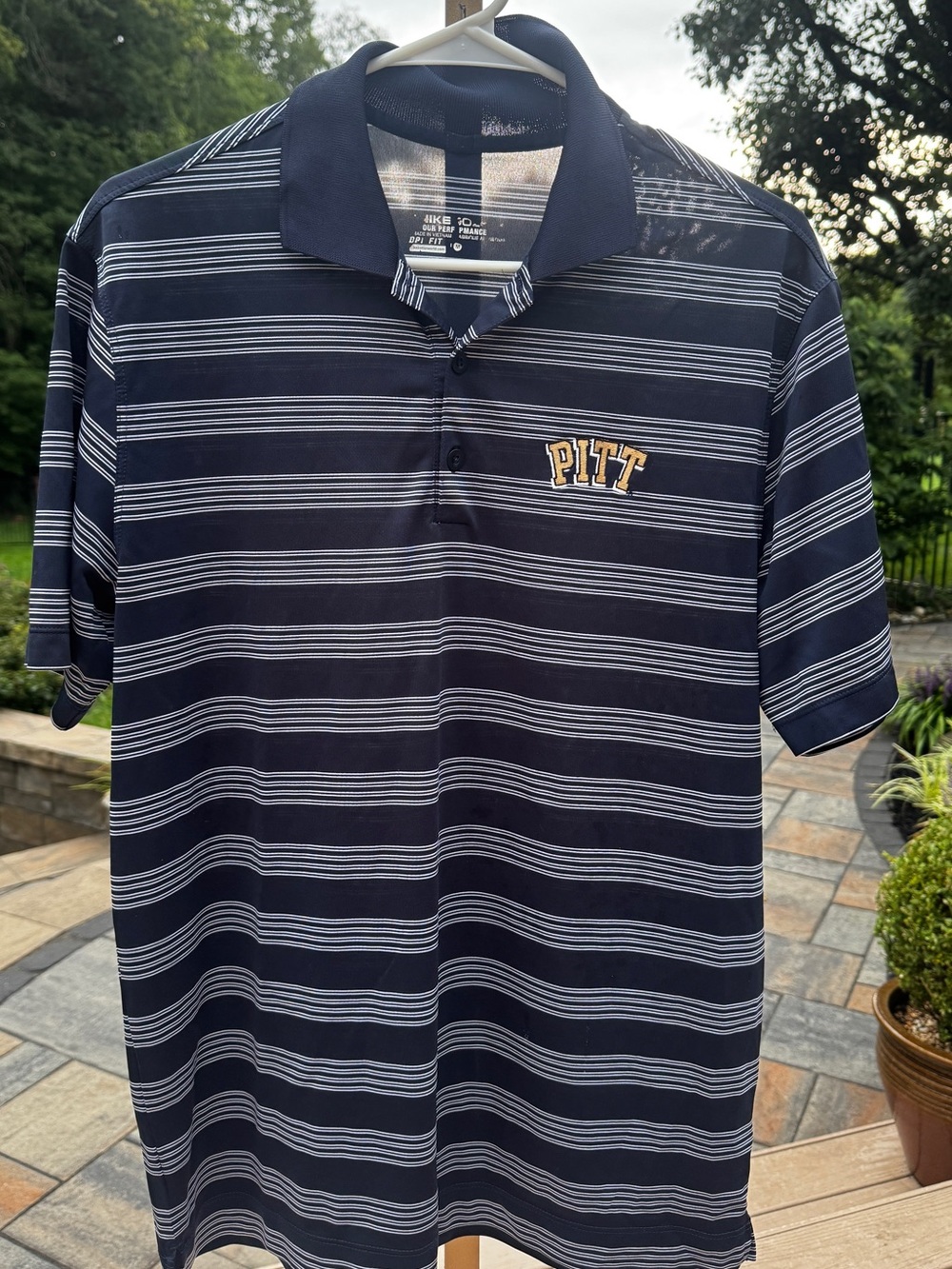 University of Pitt Panthers Shirt Polo Mens Nike Golf Dri Fit Striped Med Blue